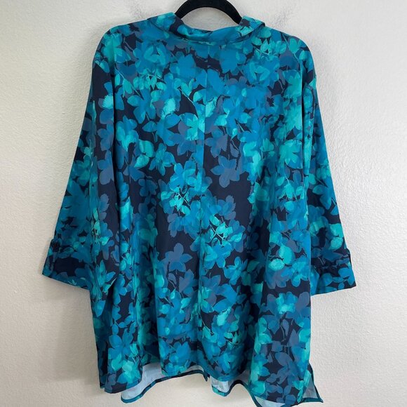 Catherines Womens Plus 3X Blouse Leaf Floral Print Roll Tab Sleeve Shirt Top - Picture 10 of 11